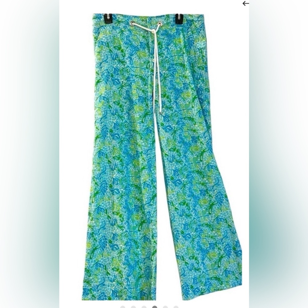 Lilly Pulitzer Linen Pants Wide Leg Palm Beach Fit Blue Green Dragonfly print